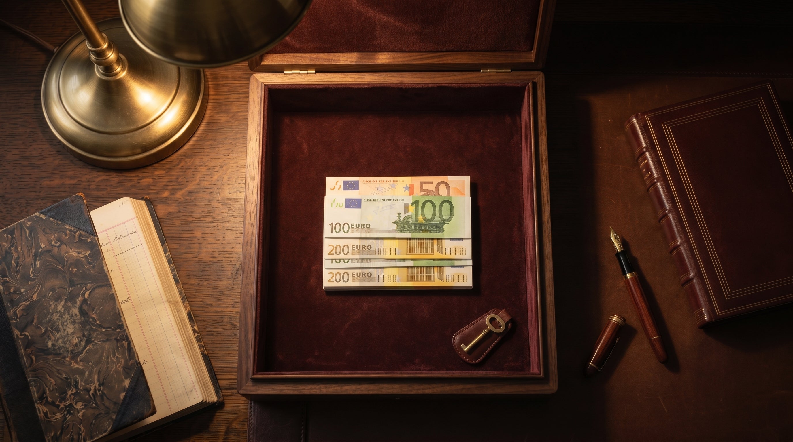 Walnussschreibtisch mit geöffneter Schreibkassette, Banknoten flach gelegt, Messing-Schlüssel auf Cordovan-Lederlasche